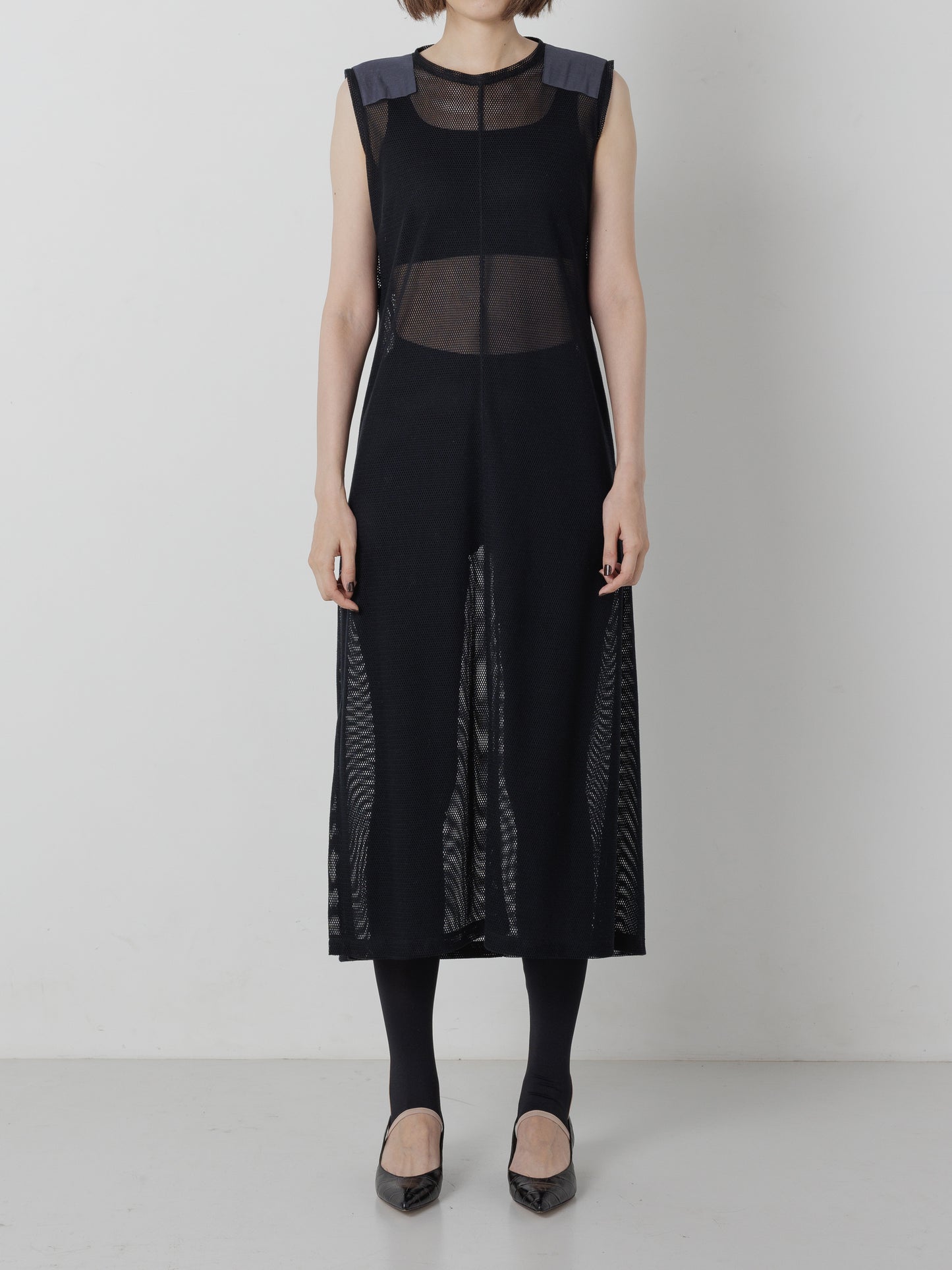 SHOULDER PATCH MESH DRESS BLACK