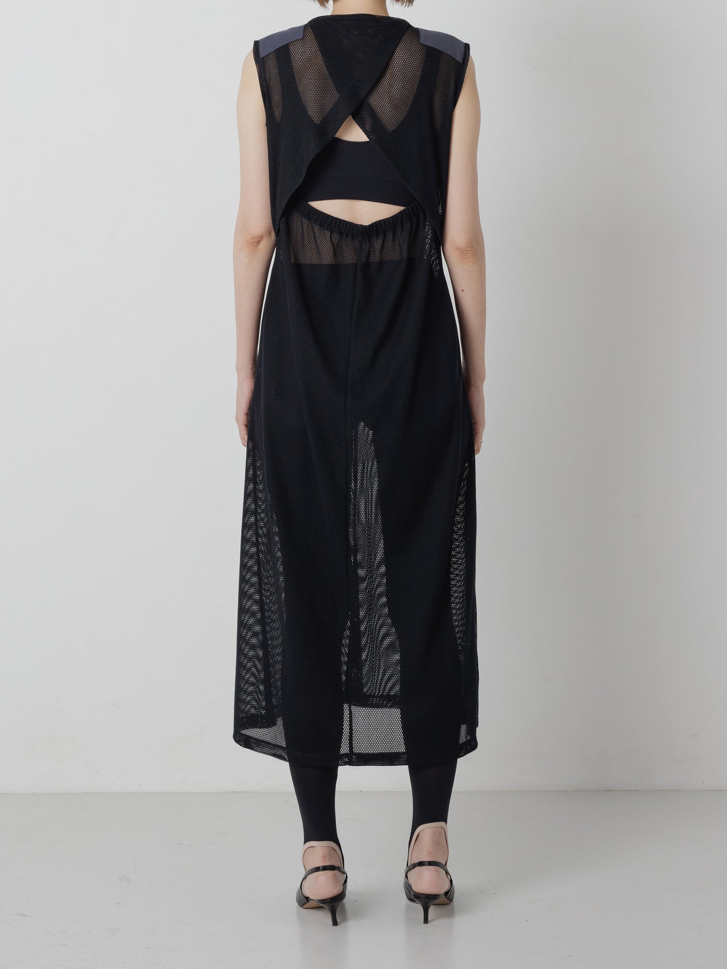 SHOULDER PATCH MESH DRESS BLACK