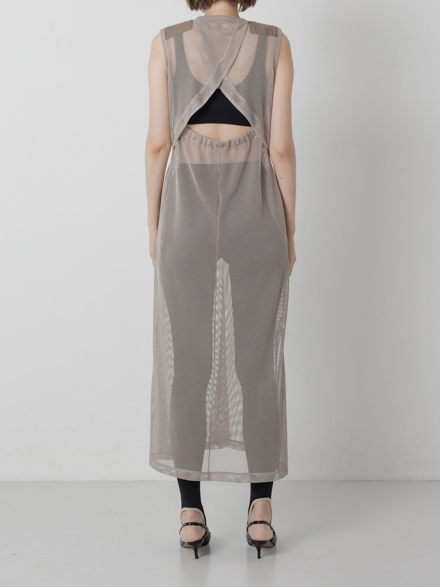 SHOULDER PATCH MESH DRESS BEIGE
