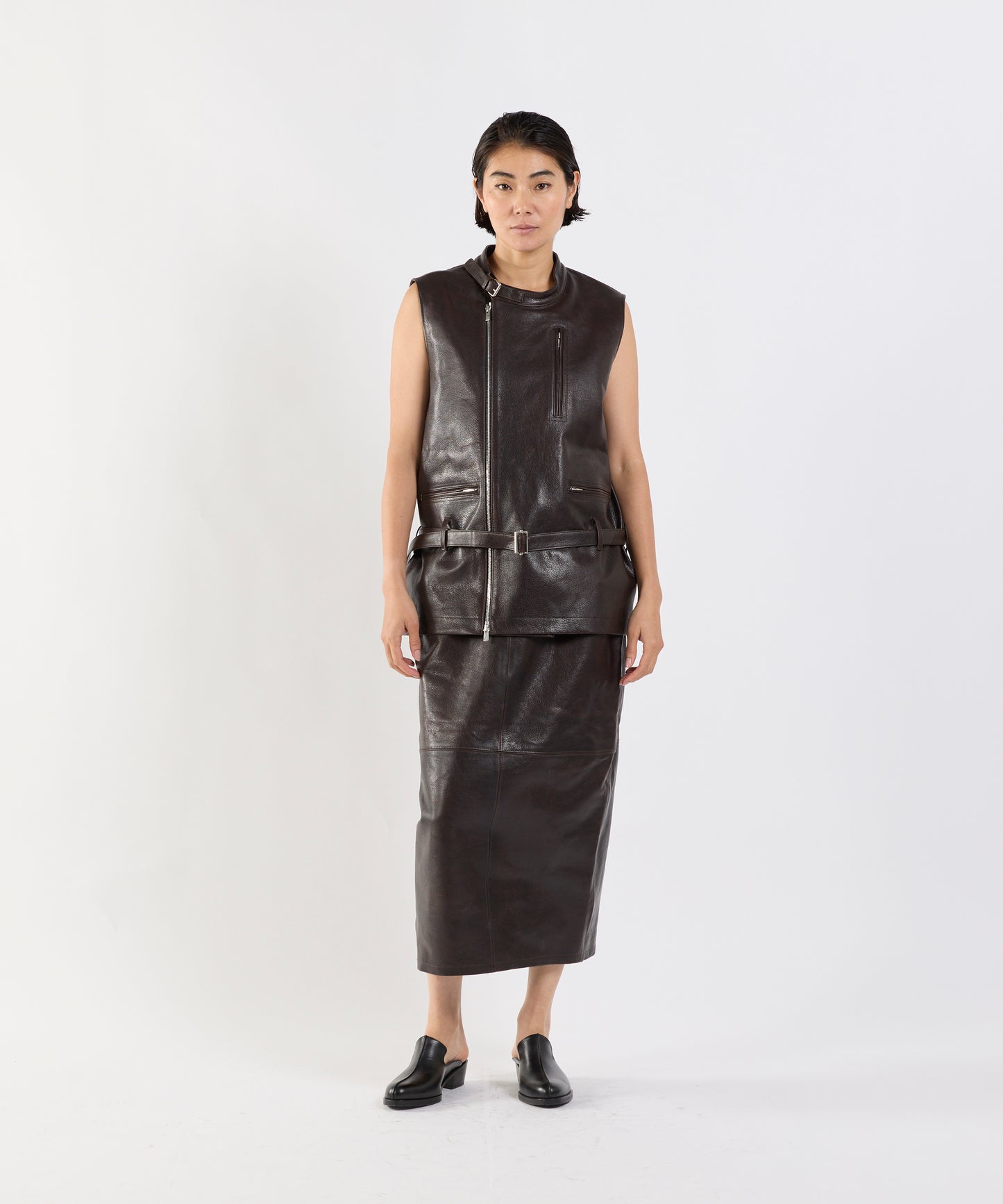 【26SS予約商品】Paneled Leather Skirt DK.BROWN