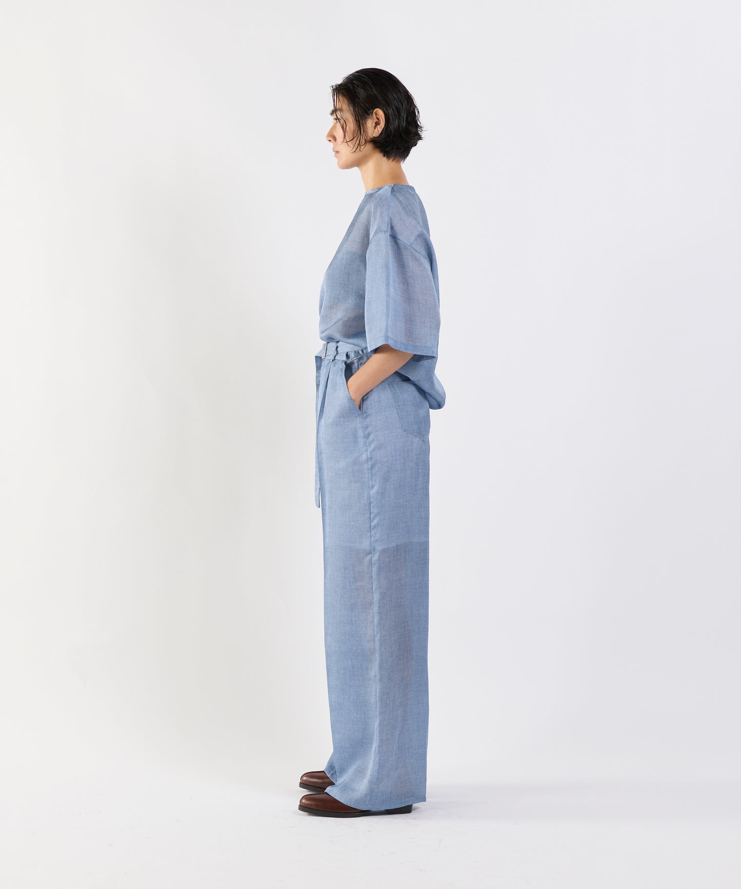 【26SS予約商品】Denim-Print Organza Pants BLUE