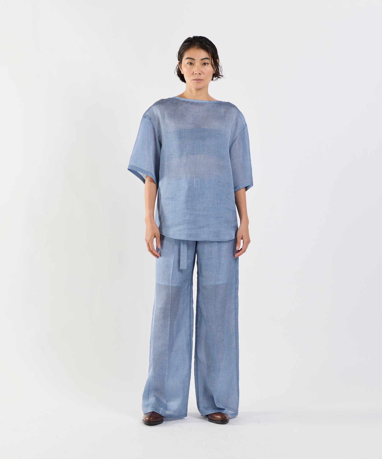 【26SS予約商品】Denim-Print Organza Half-Sleeve BLUE