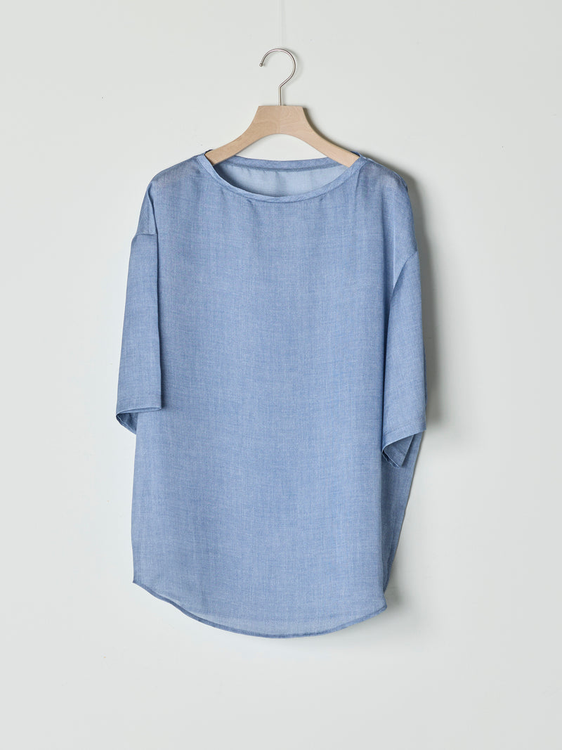 【26SS予約商品】Denim-Print Organza Half-Sleeve BLUE
