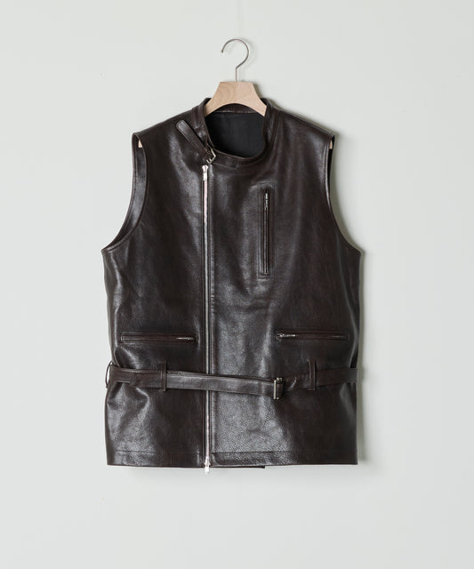 【26SS予約商品】Low-Waisted Belted Leather vest DK.BROWN