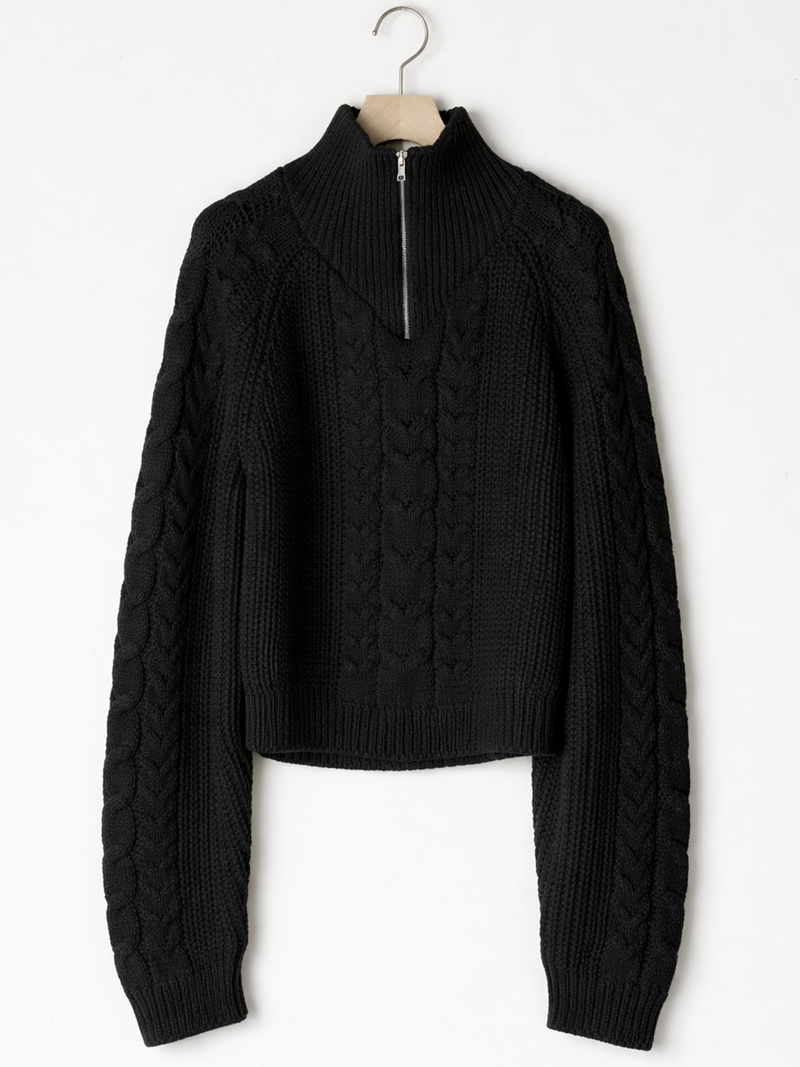 Cable Half-Zip Knit Pullover BLACK